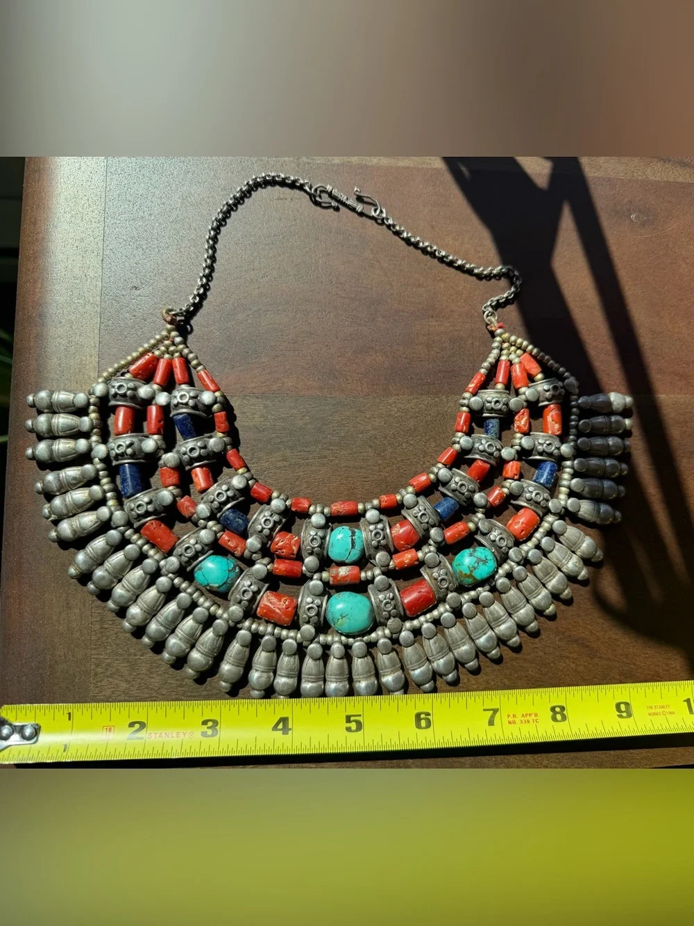 Vintage Tibetan Handcrafted Turquoise, Coral & Lapis Statement Bib Necklace
